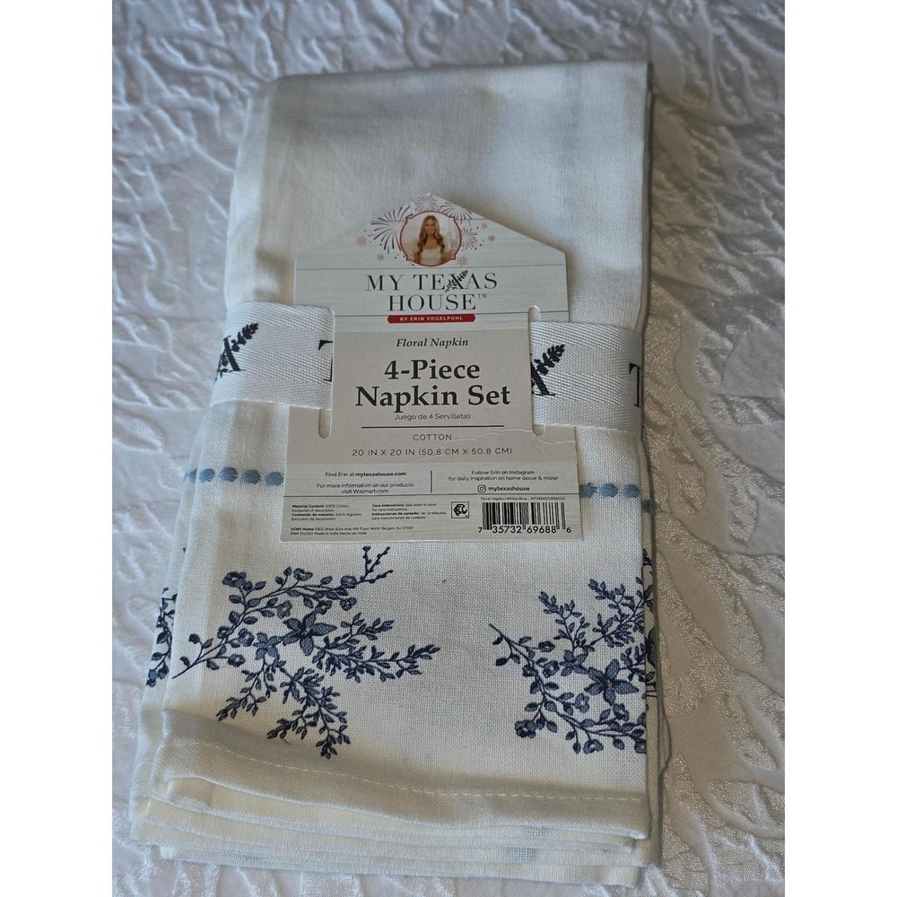 New My Texas House Blue and White Floral Cotton Cloth Napkin Set of 4